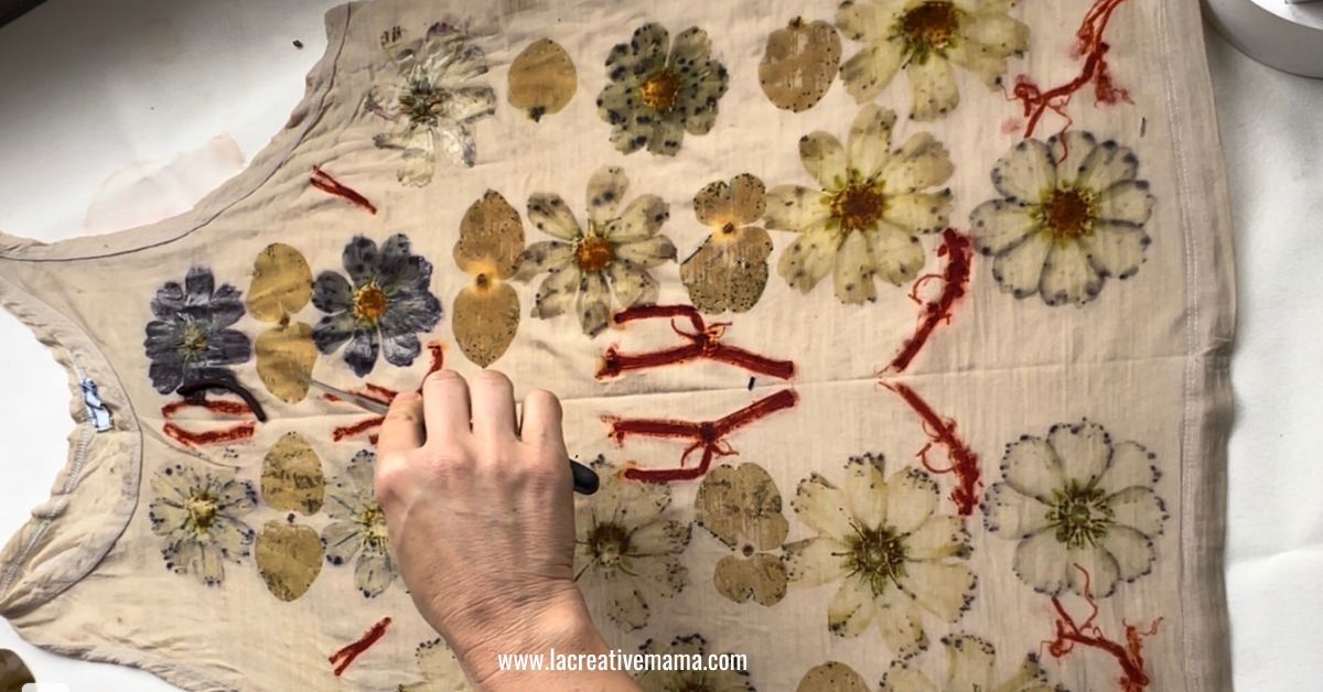 eco printed wool merino top using cosmos flowers and silver dollar leaves