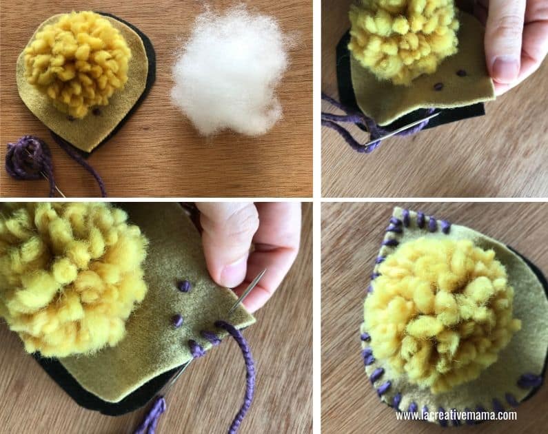 filling the fabric hedgehog using polyfill to make a fabric toy