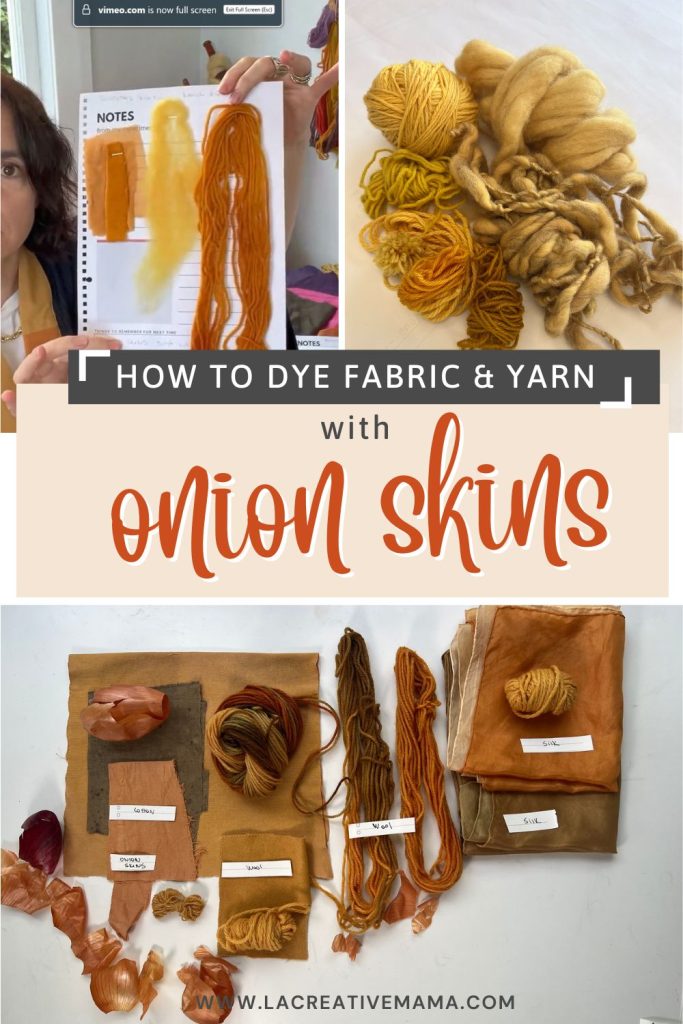 A sample of different swatches of wool and fabric that were naturally dyed using onion skins as the natural dye 