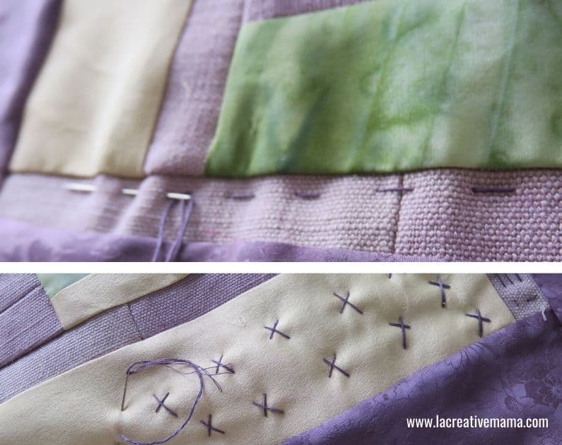natural dyes on silk transformed into a mini simple quilt using the log cabin block 