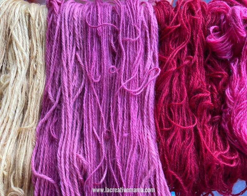 wool yarn dyed with cochineal alum mordant 