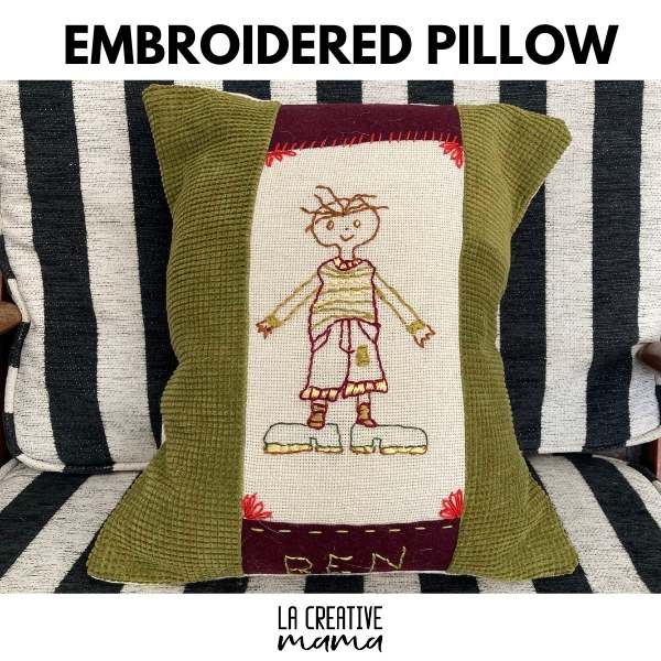 Hand embroidered pillow using embroidery patterns and fabric scraps 