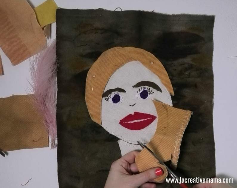 applique hair on embroidered portrait