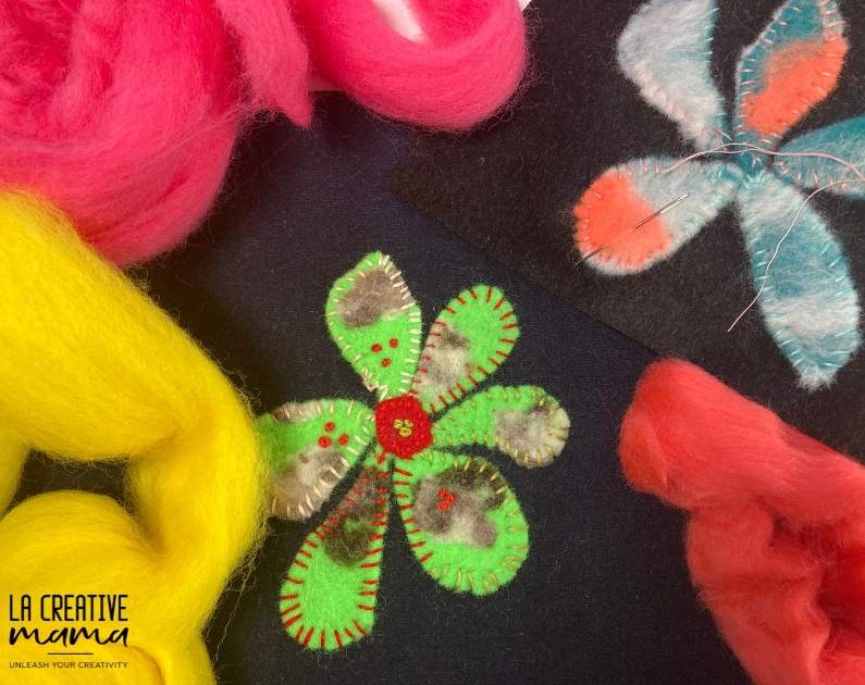 felt applique flower and wool roving 