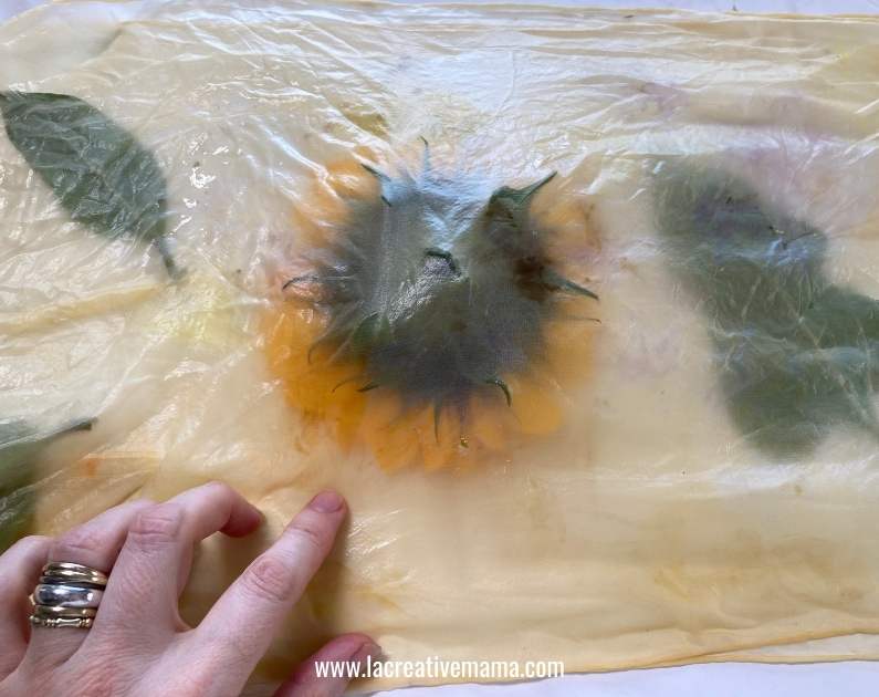 using iron water to eco print a silk scarf with sunflowers