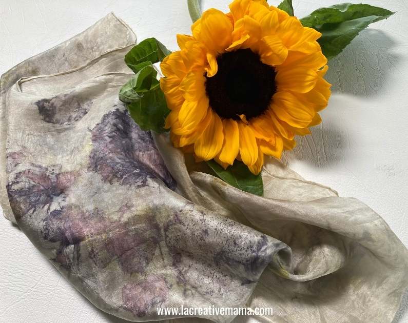 bundle dyed silk scarf using iron water and sunflowers
