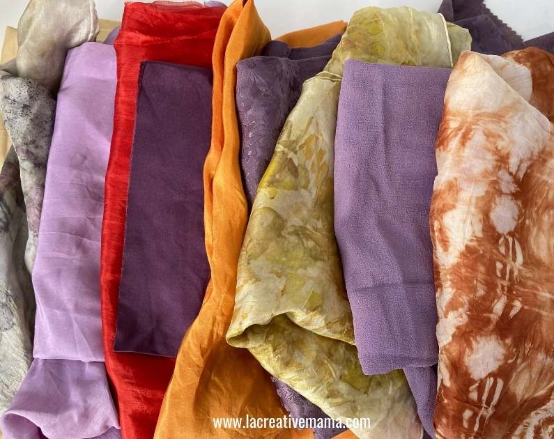 naturally dyed silk scarves in different colors