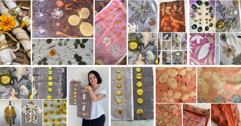 a variety of eco printed fabrics using color blankets, iron blankets, leaves and flowers with eco printing techniques of fabrics, different mordants and tannins