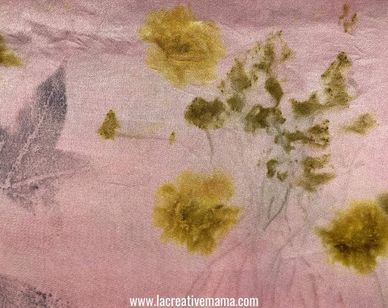 mixed media of natural dyes (pink as in cochineal) mixed with eco printing techniques using coreopsis flowers and dyer's chamomiles 