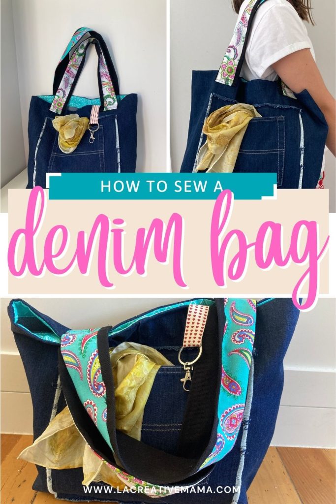 Upcycled denim tote with vibrant paisley straps, soft lining inside, a scarf tucked into the front pocket, and a heart-print key fob clipped to the handle.