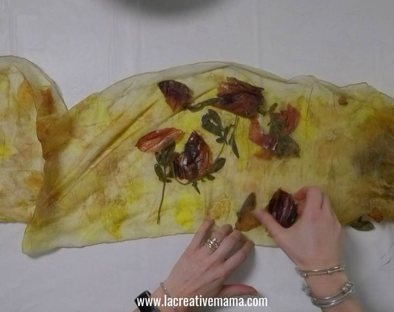 bundle dyeing a silk scarf using onion skins and leaves 