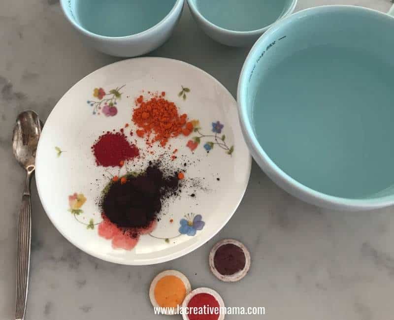 3 different food coloring powders on a dish