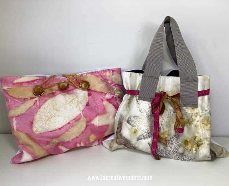 eco printed tote bags using a cochineal dye blanket 