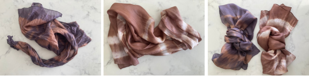 3 different tied dyed silk scarves 