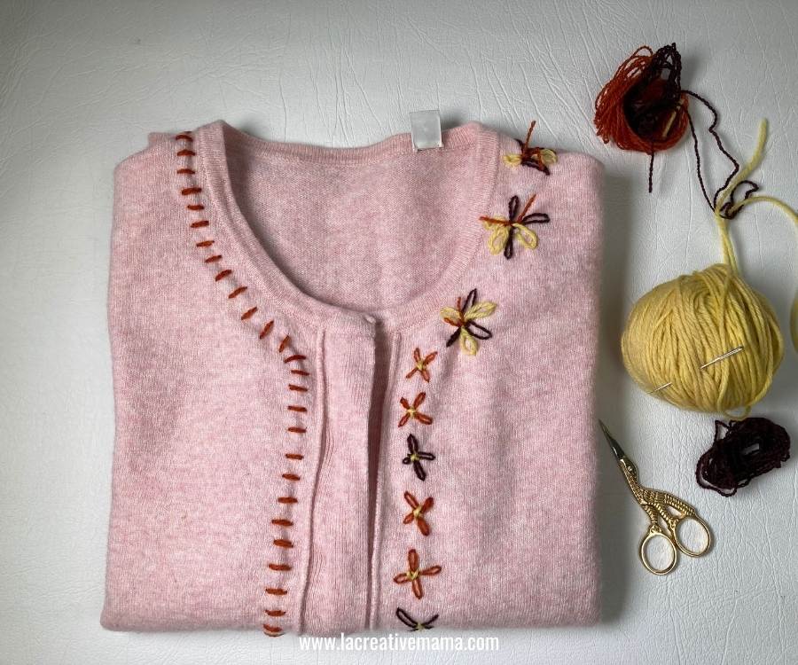 final upcycled cardigan using embroidery floss