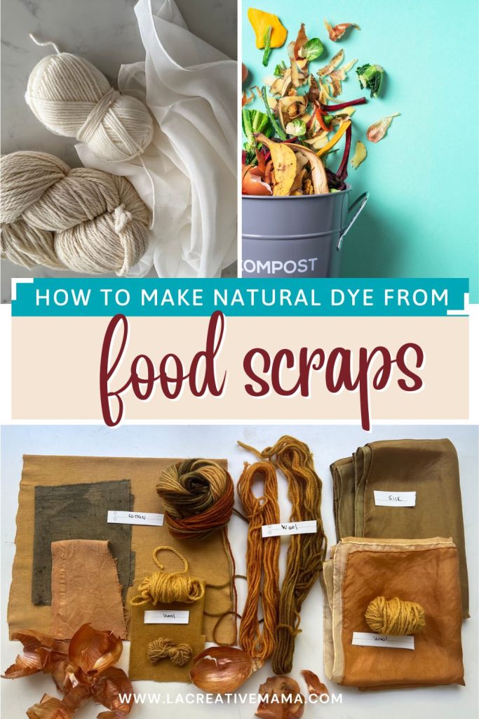 pinterest pin showing food scraps in the compost, white yarn and fabric and the result from dyeing this fabric using onion skins which creates bright yellows and copper colors 