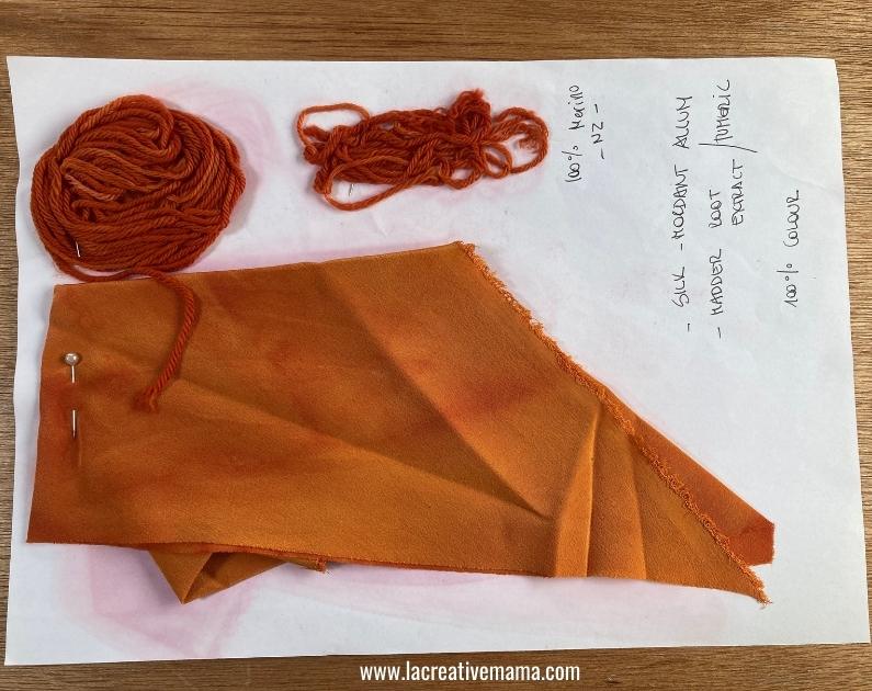 fabric and yarn dyed with madder root and turmeric powder 