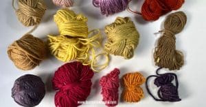 wool yarn hand dyed using natural dyes such as cochineal, logwood, eucalyptus, madder root
