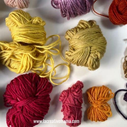 wool yarn hand dyed using natural dyes such as cochineal, logwood, eucalyptus, madder root