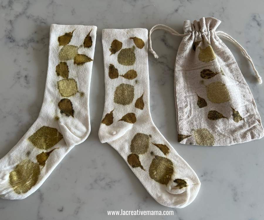 eco printed socks and gift bag using 