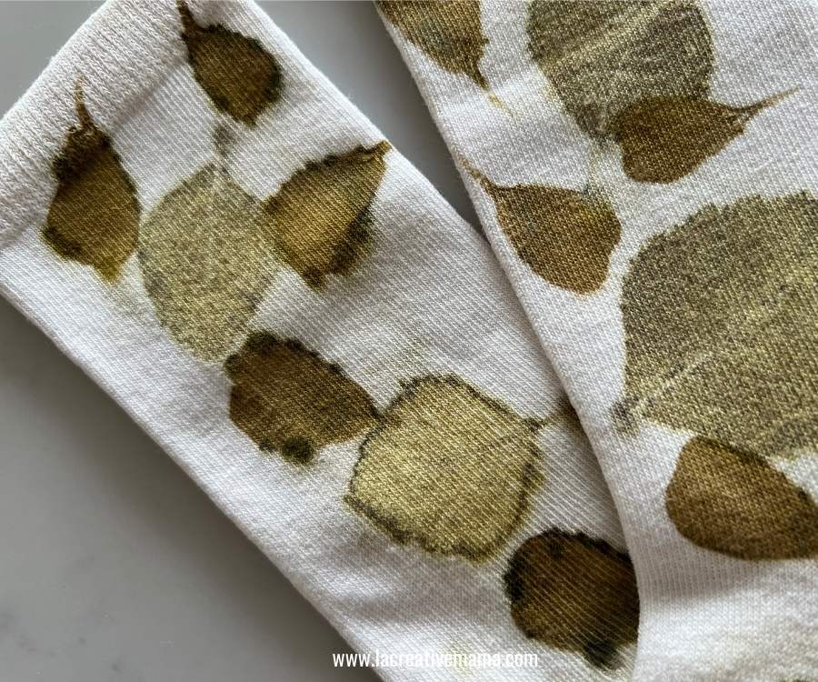 socks which were printed with birch leaves and marigold petals