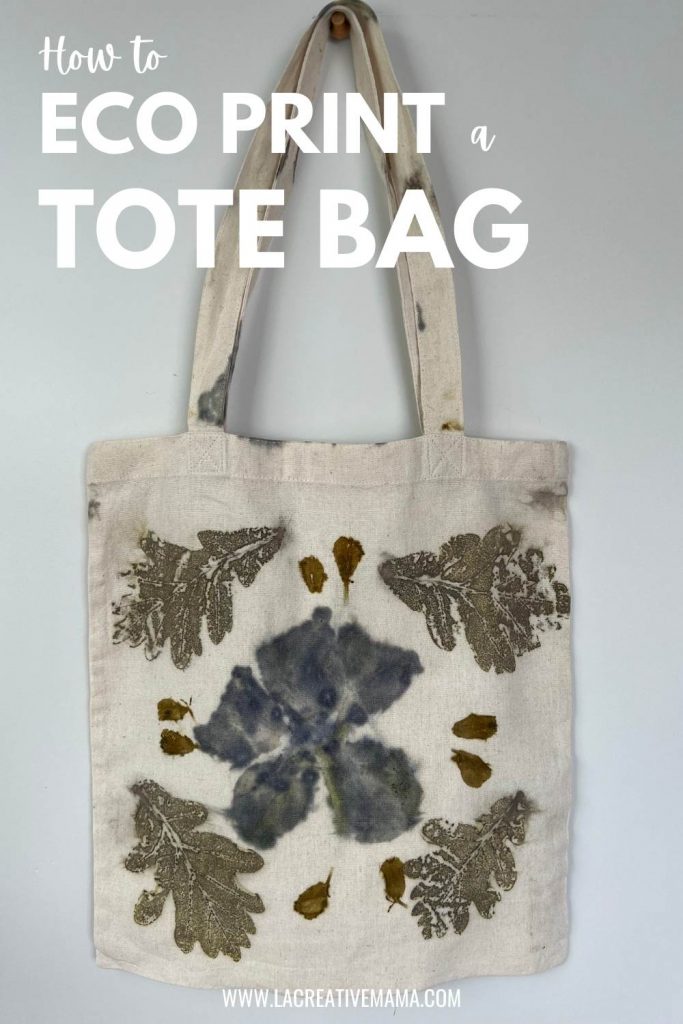 eco printed cotton tote bag using hibiscus and oak leaves 