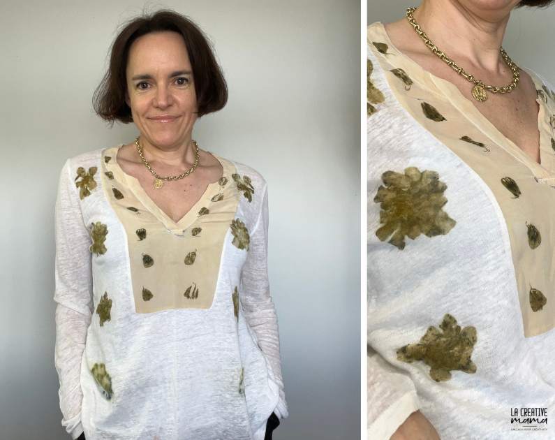 a cotton and silk top which was upcycled by eco printing marigold flowers 
