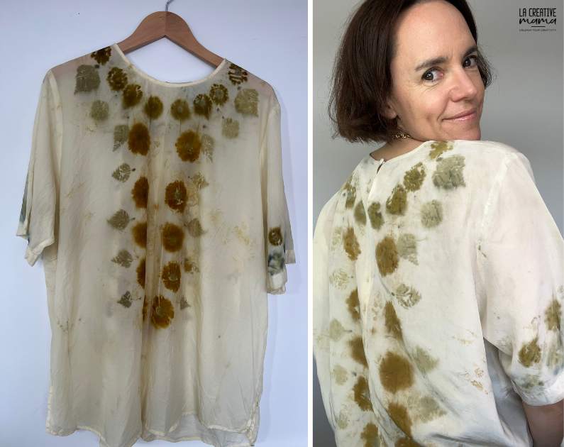 a silk top which was eco printed using coreopsis flowers and birch leaves 