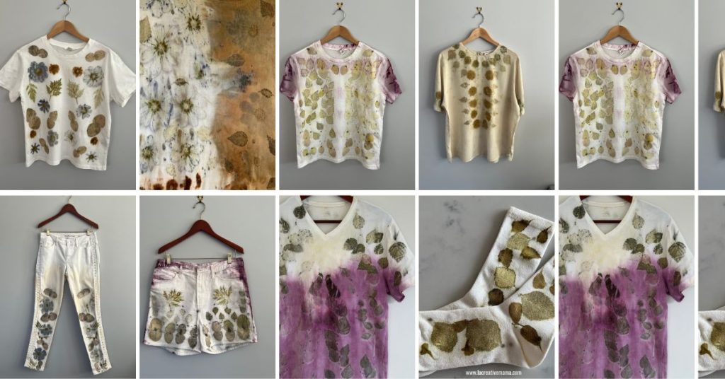 t-shirts, socks and pants that have all been upcycled by using leaves, flowers and eco printing techniques