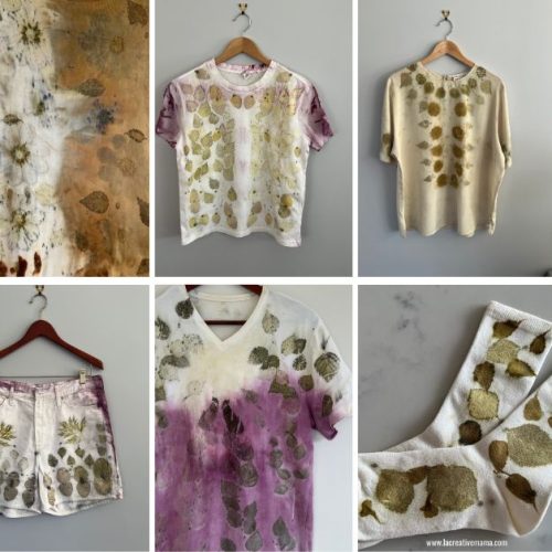 t-shirts, socks and pants that have all been upcycled by using leaves, flowers and eco printing techniques