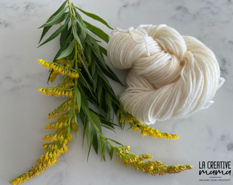 white wool yarn next to a bunch of fresh goldenrods leaves and flowers 