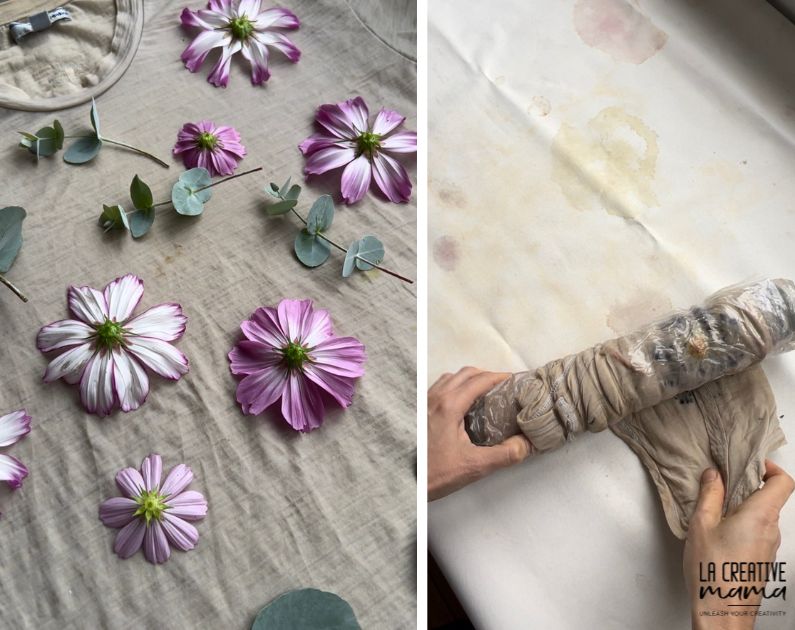 placing cosmos flowers and silver dollar leaves on top of a mordanted wool top