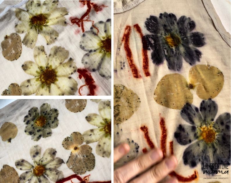 the final result from eco printing a wool merino top using leaves and flowers 