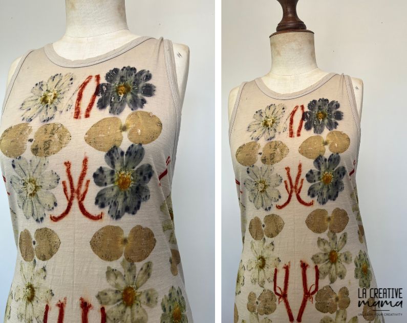 the final result from eco printing a wool merino top using leaves and flowers 