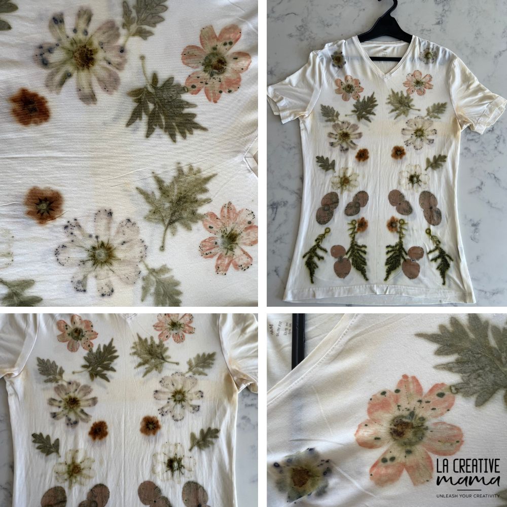 eco printed cotton t-shirt using leaves and flowers 