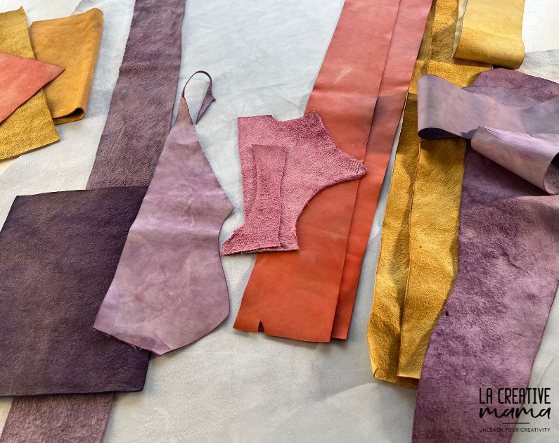  leather which was dyed using natural dyes such as logwood, madder root, cochineal and onion skins 