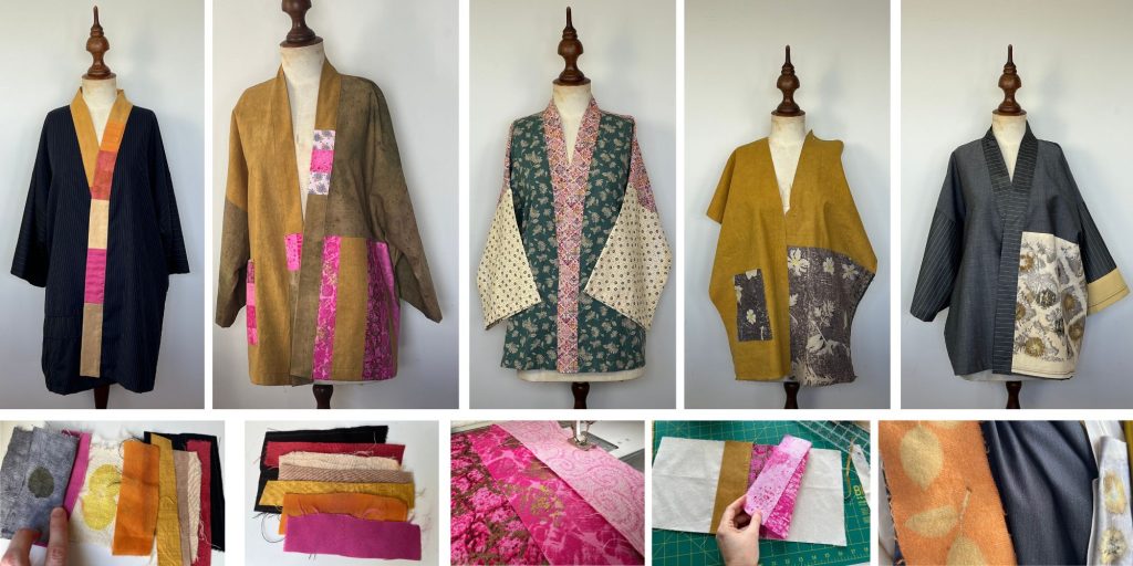 a variety of kimono tops using the same minimal waste pattern but they are all different because they were made in different fabric combinations.  