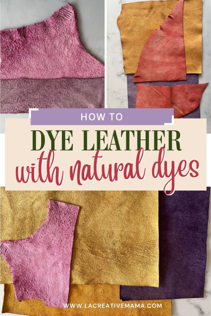 Colorful leather samples dyed with natural dyes including pink, mustard yellow, deep purple, and red tones. Eco-friendly leather dyeing guide for DIY makers and sustainable fashion lovers.