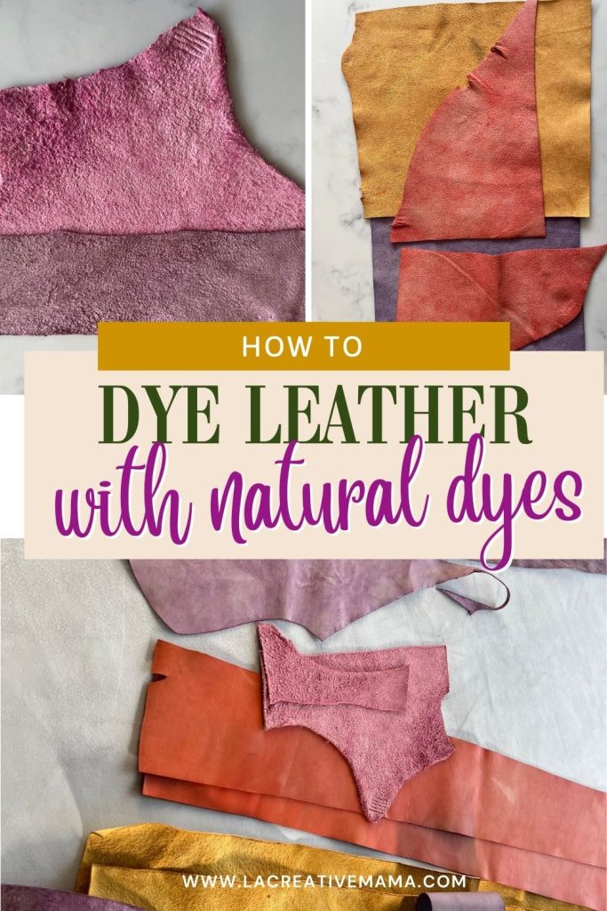 Naturally dyed leather pieces in shades of purple, pink, orange, and yellow displayed on a flat surface. Tutorial on how to dye leather with natural dyes for sustainable crafts and DIY projects.