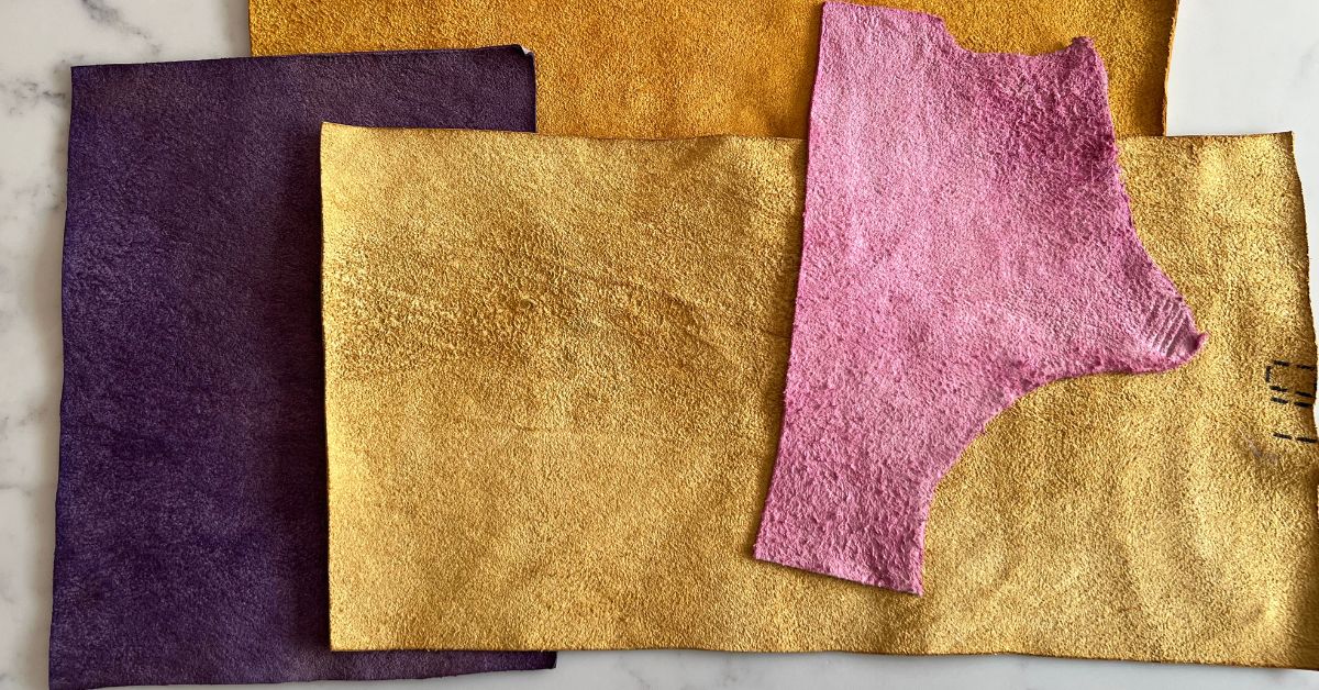 naturally dyed leather using logwood dye, cochineal dye and onion skins dye