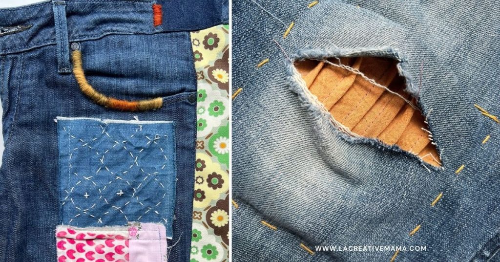 Visible mending on jeans pocket openings using naturally dyed wool embroidery. Satin stitch repairs the frayed denim edges as well as pin tucks to make a hand sewn patch