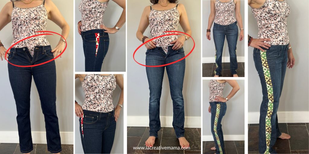 an image of a before and after example of 2 pair of jeans that were altered to make them bigger around the hips and waist by adding a triangle of fabric and another example of an alteration by adding a long panel of extra fabric to make the thighs area bigger as well  