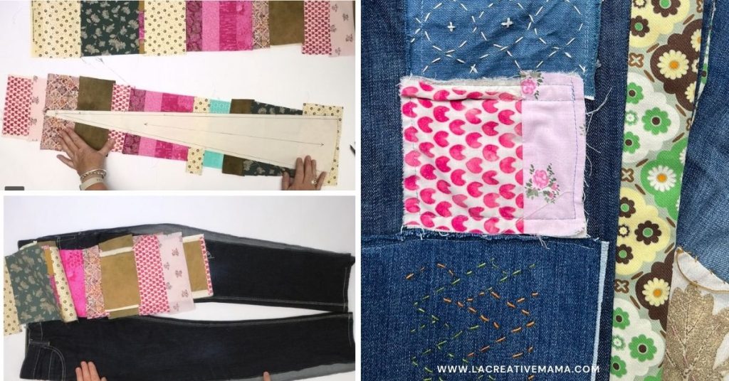 Using fabric scraps to create little squares of patchwork fabric to mend jeans 