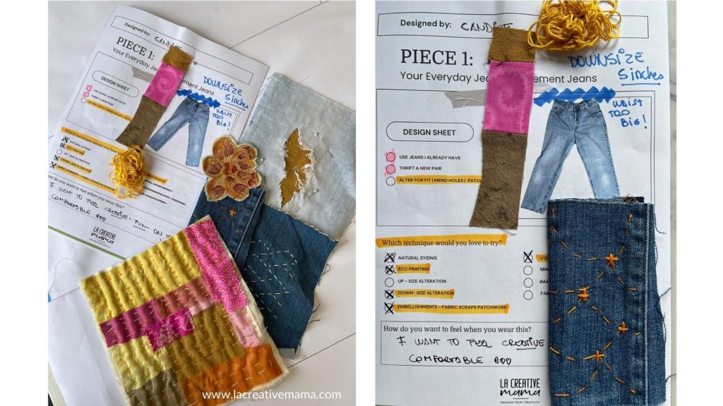 an inspirational photo of a design book in which there are design drawings and fabric swatches with ideas to upsize a pair of jeans 