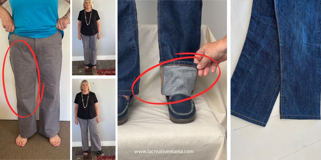 a photo of before and after of re hemming jeans and taping the jeans legs