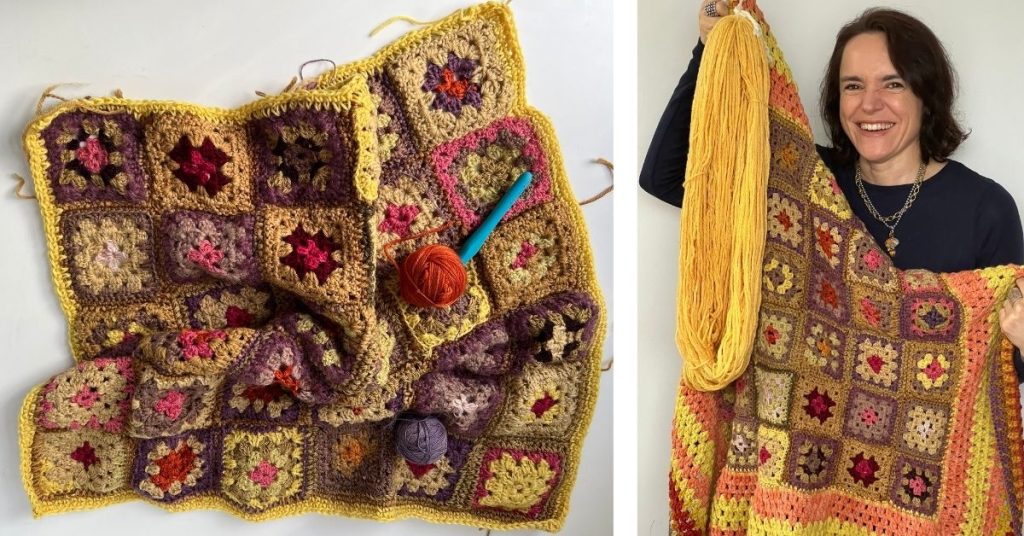 crochet blanket created with naturally dyed yarn using dyes such as marigold, coreopsis, onion skin, cochineal, madder root. 