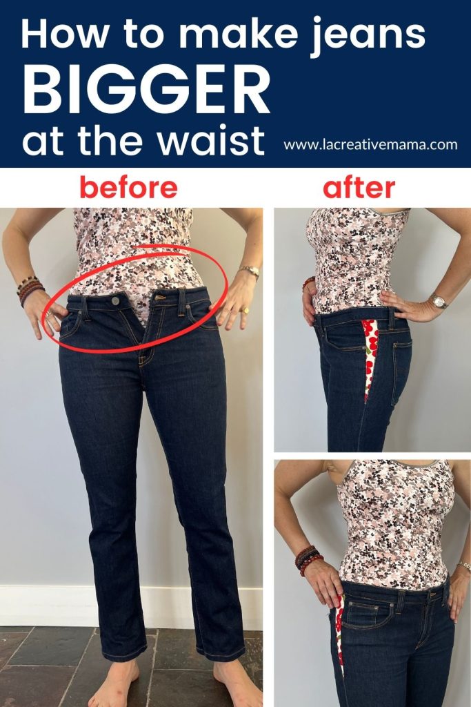 an image of a before and after example of a pair of jeans that were altered to make them bigger around the hips and waist by adding a triangle of fabric. 