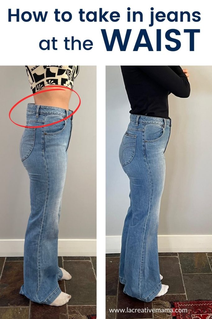 a photo of a before and after of a pair of jeans that were taped around the waist to remove the waist gap. 