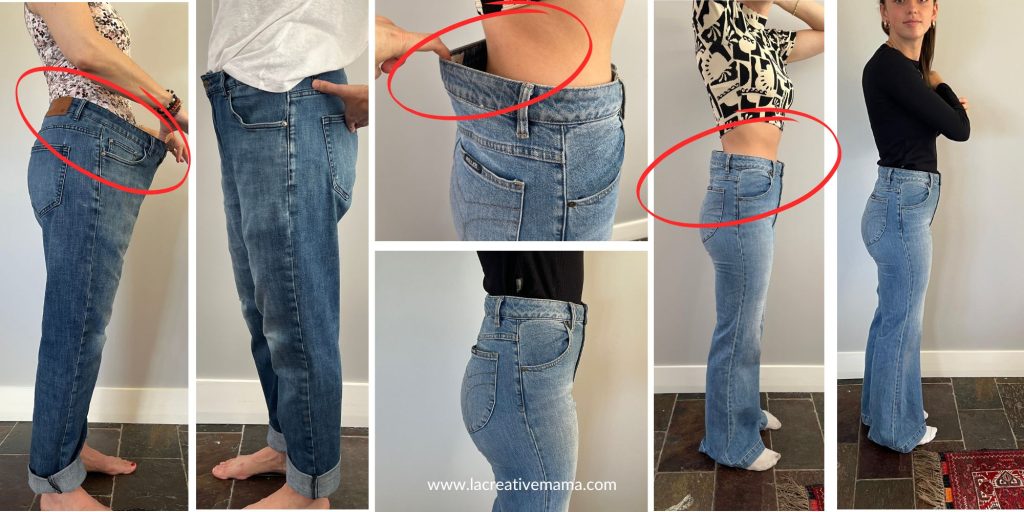 a photo of 2 different methods (sewing and non sewing)  to remove the waist gap and make the waist smaller.