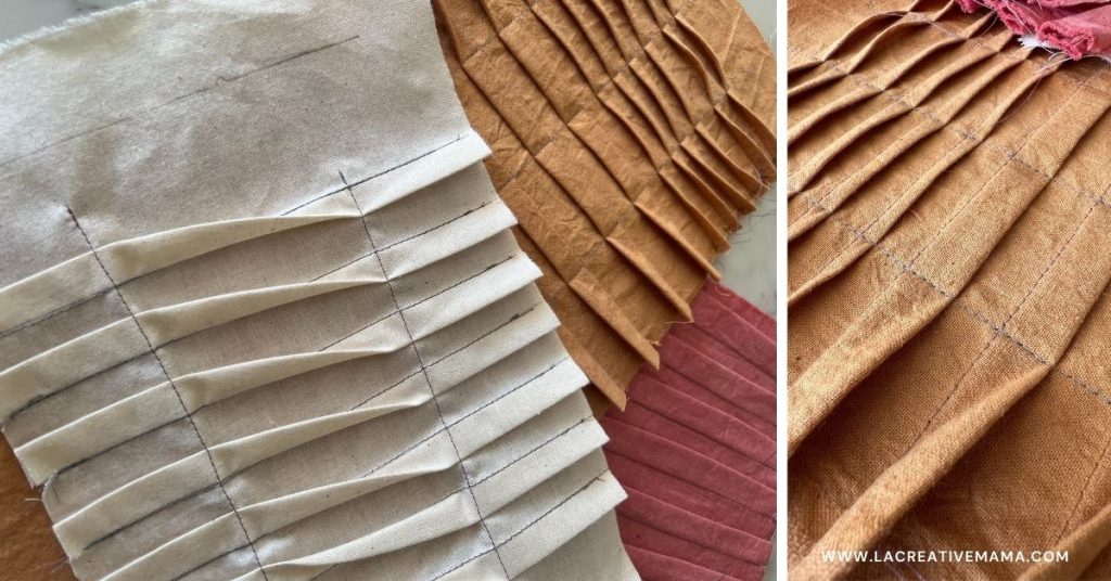 DIY visible mending on denim jeans featuring fabric manipulation patches. Textured details like tucks, pleats, and ruching turn a repair into a bold design element